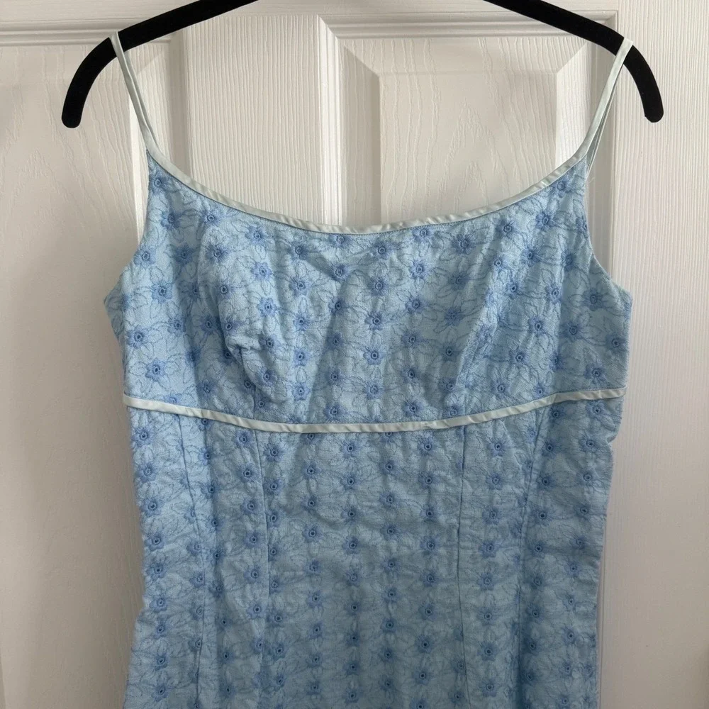 Vintage 60s Lorrie Deb Midi Dress Women Size XS‎ Blue Floral Eyelet Empire Waist